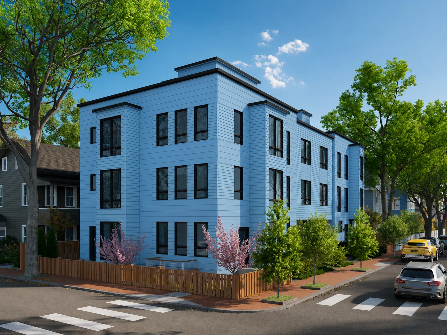 174 Hamilton Street — architectural rendering of the three-unit building under construction