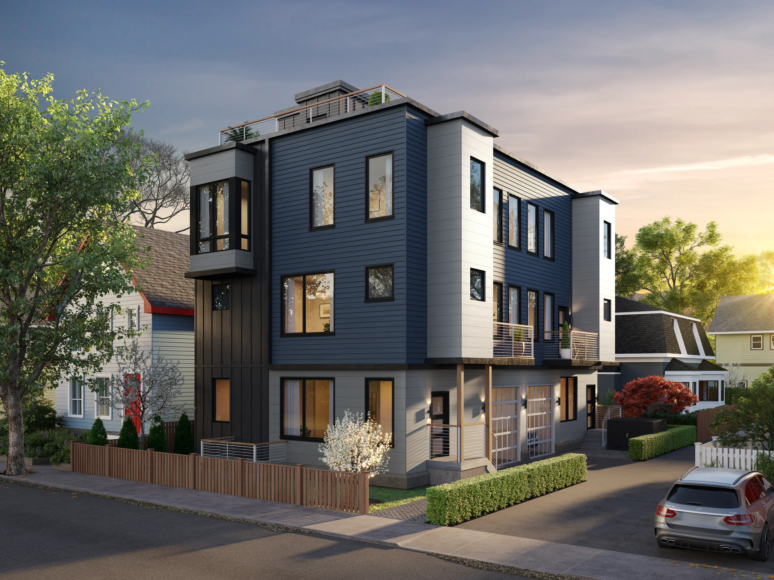 214 Allston Street — dusk rendering of the contemporary multifamily building under construction