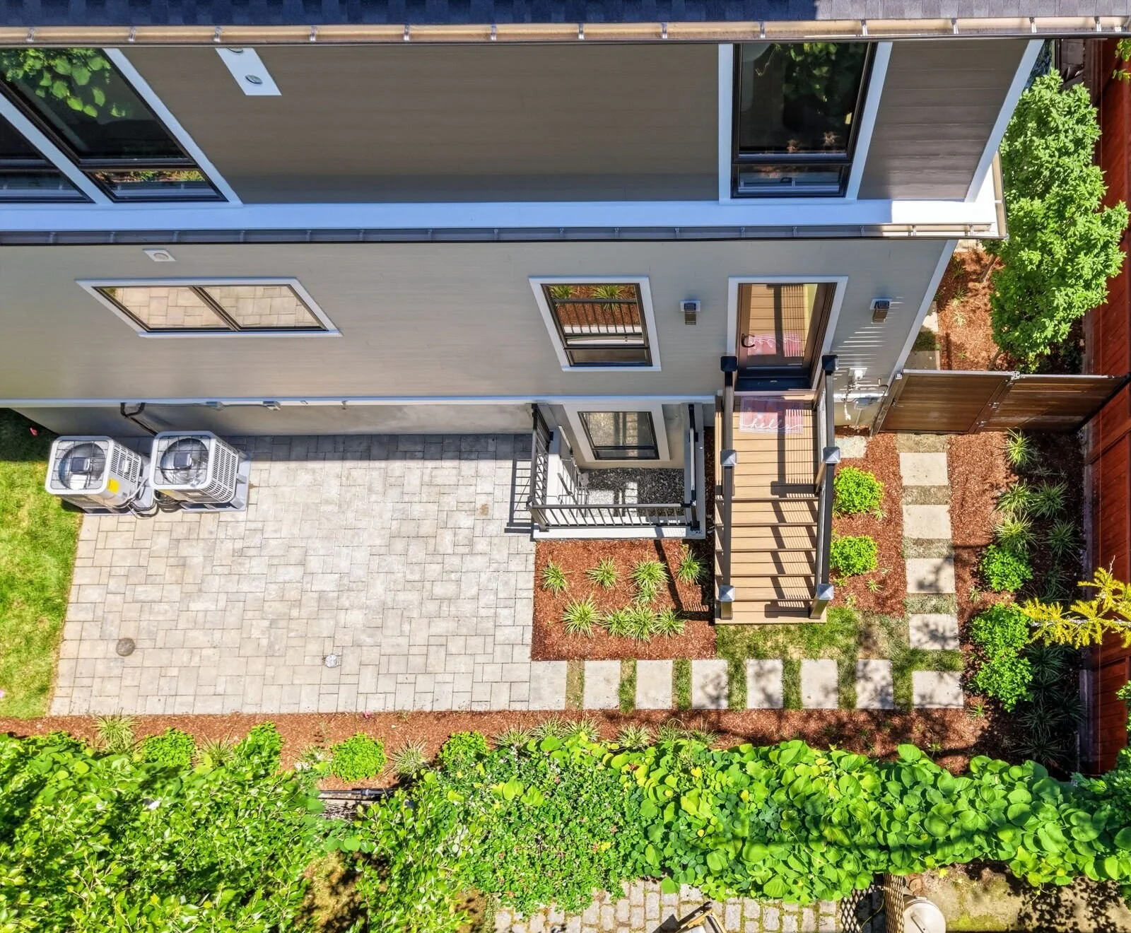 Aerial view of the private patio and rear garden